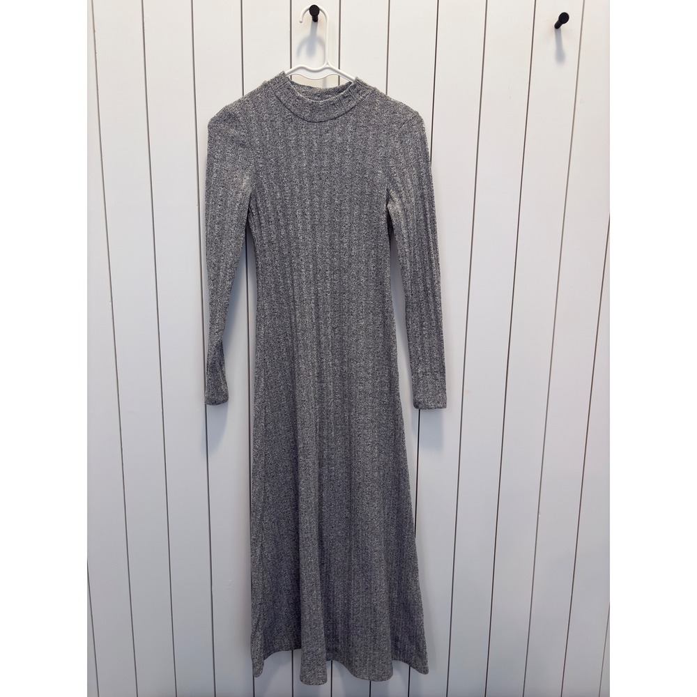 Zara Ribbed Knit Midi Dress Womens S Grey Mock Neck Long Sleeve Minimalist